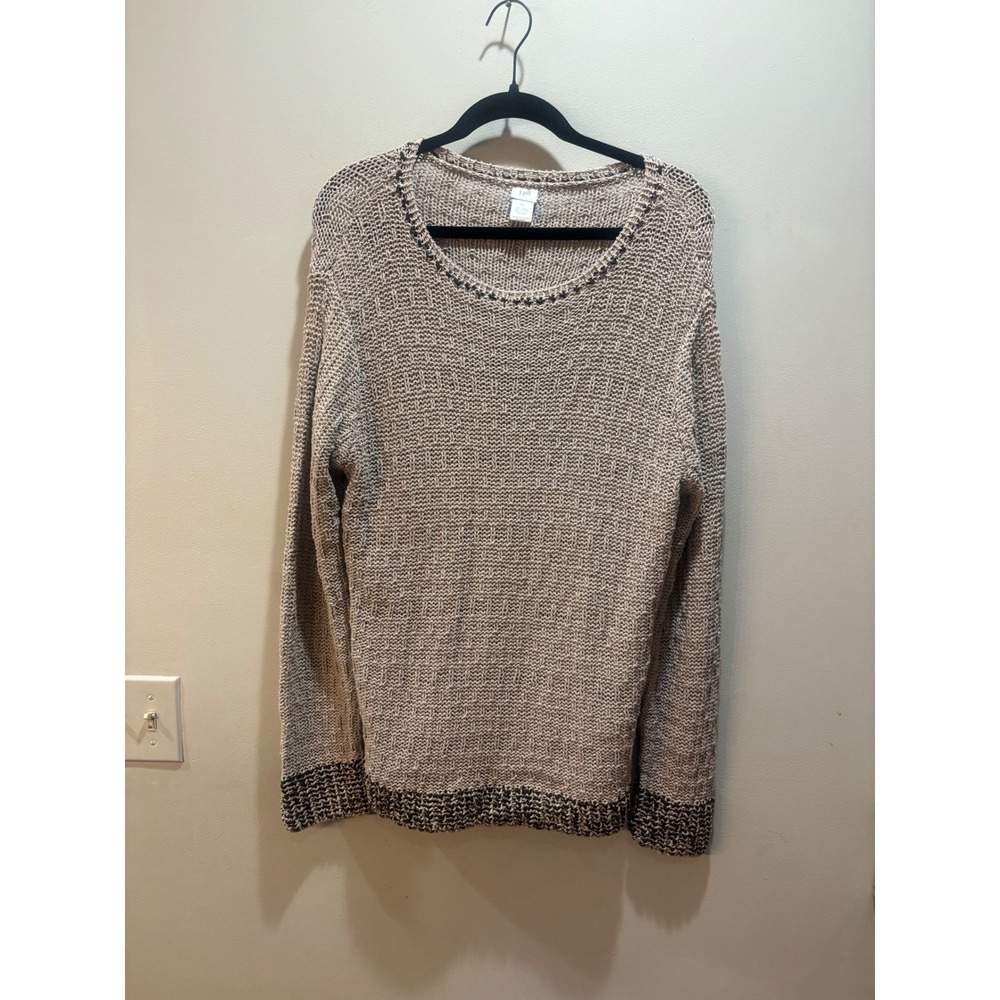 J. Jill Linen Cotton Blend Textured Knit Sweater‎ XL Beige Brown Trim Pullover